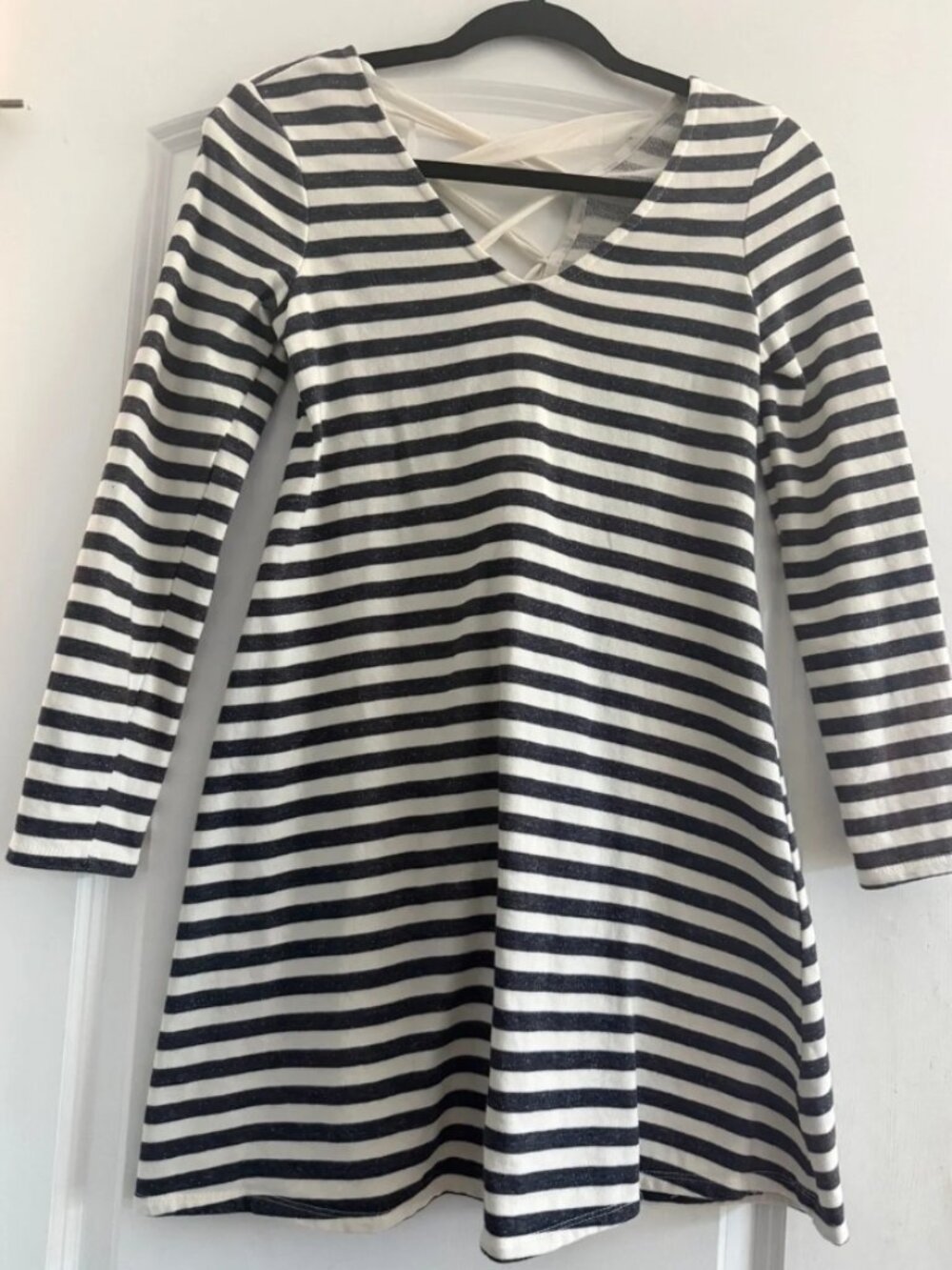 A. Byer Navy and White Striped Long-Sleeve A-Line Dress